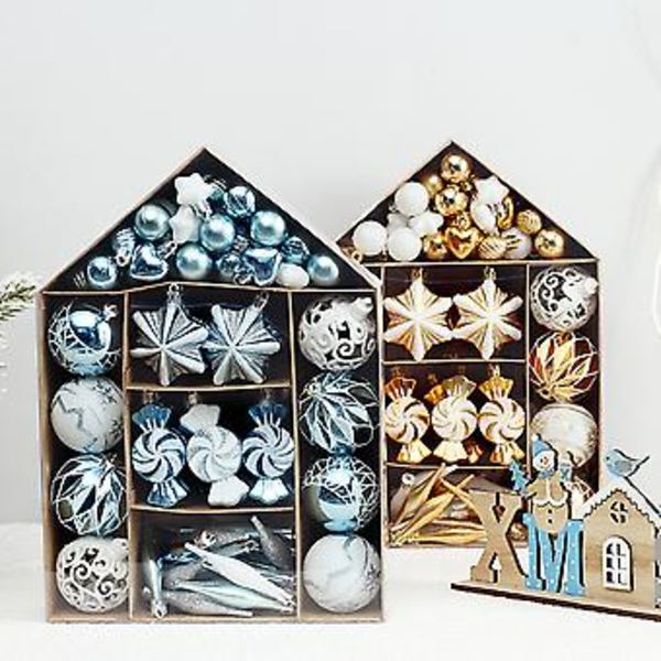 73 st julgranskulor i set, målade i hus-stil, presentförpackning, julgranshänge, vit guld stil BD