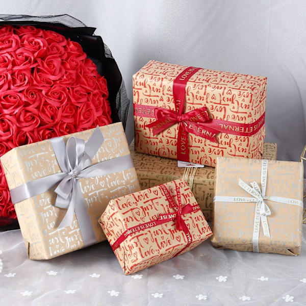6 st Kraft Presentpapper, Blad Metallic Love Heart Wrappi