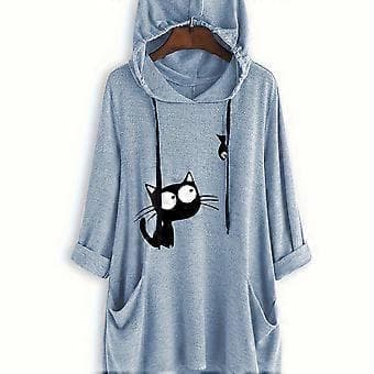 Strikket trykt langærmet pullover hættetrøje midilængde irregulær moderigtig dame sweatshirt (L Blå)