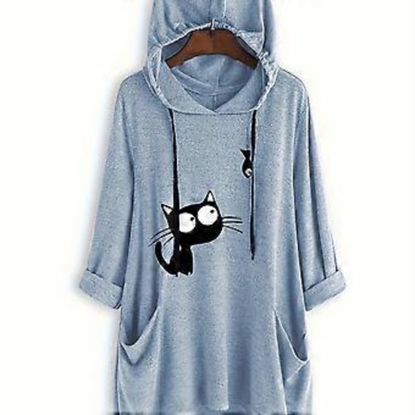 Strikket trykt langærmet pullover hættetrøje midilængde irregulær moderigtig dame sweatshirt (XL Blå)
