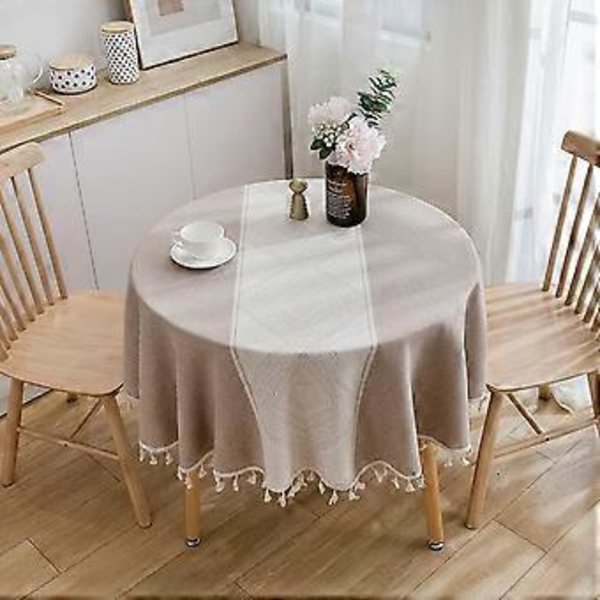 Runt bordduk med ränder i lantlig stil, rund, med fransar, geometrisk jacquard, dammskyddande, för kök, matsal, bordsprydnader (kaffe, diameter