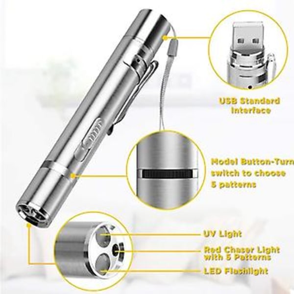3 i 1 USB Opladbar Sjov Kattejagtlegetøj Mini Lommelygte Laser LED Pen Light Kattelys Pegere Sjov Kæledyrslegetøj Dropshipping( )