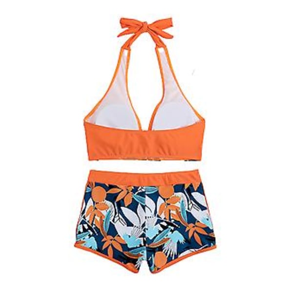 Kvinnors Lövtryckt Vadderad Bikiniuppsättning Halterneck BH Fjärilsband Topp Hög Midja Pojkbyxor Baddräkt Sommar Strand Baddräkt (XL Orange)