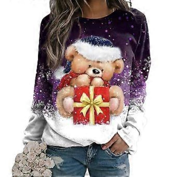 Juletrøje til kvinder med julemand, snemand og bjørn print - Langærmet, afslappet pullover bluse toppe i plus størrelse (L C)