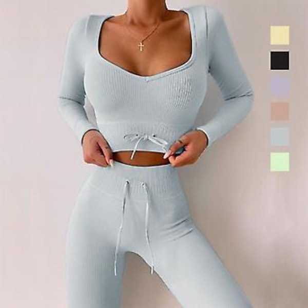 Träningsset för kvinnor med dragsko, sömlös långärmad topp, ribbade leggings med hög midja, avslappnad outfit, träningsdräkt (S himmelsblå)