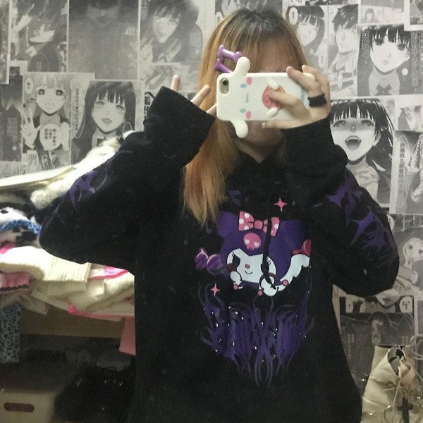 Kuromi Sweatshirt Hoodie Cotton Sweatshirt Anime Cartoon Jacket Loose Top black XS