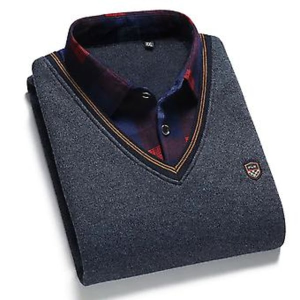 Fianao Vårshirt med prikkemønster, falsk todelt, nedfellbar krage, strikket basis-skjorte for jobb (3XL Mørk grå)
