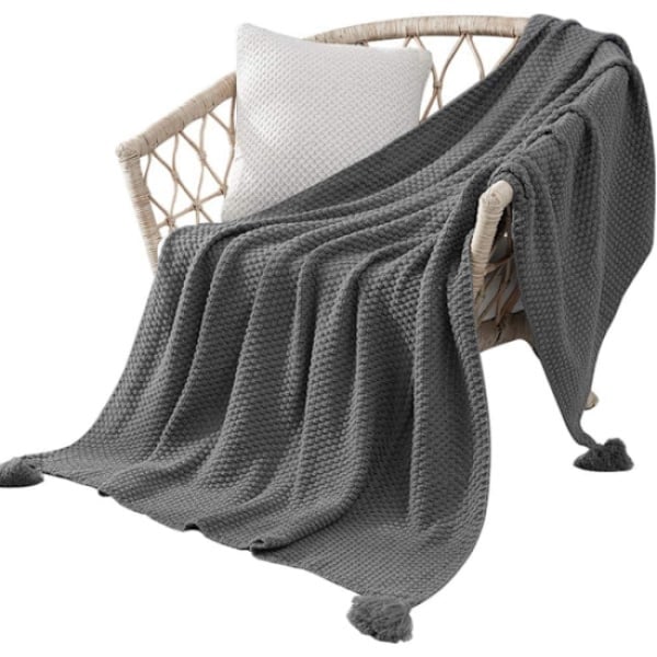 Light grey blanket with decorative tassels, Chunky knit blanket,