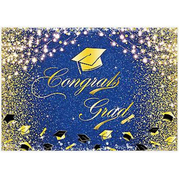 7x5ft Gratulerer med eksamen Bakgrunn Klasse av 2023 Glittergull og kongeblå eksamenslue Fotobakgrunn for feiring Prom Party Dekor Gratulerer
