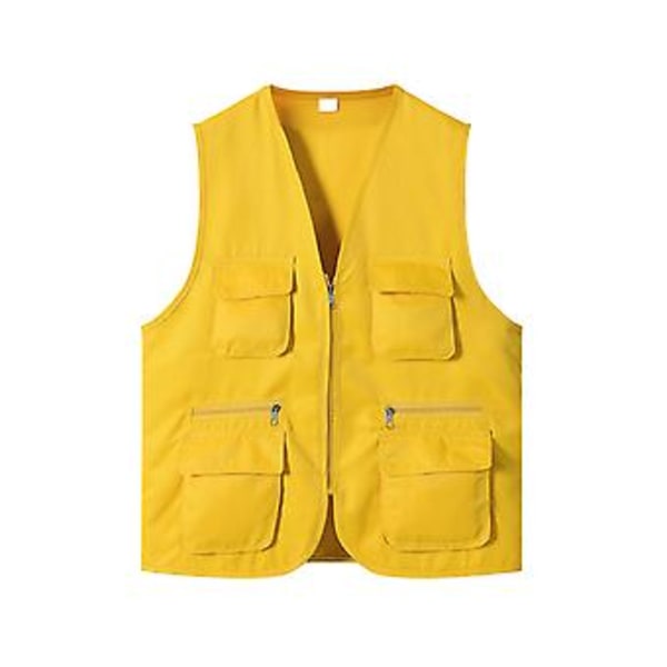 Yksivärinen monitaskullinen liivi V-kaula, vetoketjullinen, ohut, unisex, ulkoilmakuvaajille, vapaaehtoisille, vaellukseen (L Keltainen)