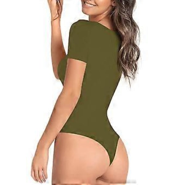 Korte Ærmer Bodysuit Kvinder Elegant Slim Fit Ren Farve Trykknap Bodysuit til Cocktail Party (2XL OD Grøn)