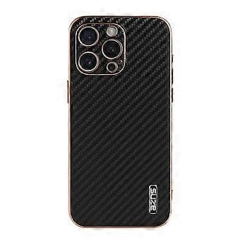 AZNS Etui til iPhone 15 Pro Max Elektroplettering Kulfibertekstur PU+TPU Telefoncover (Style D)