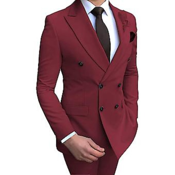 Mens Double-breasted Blazer Suit 2 Pieces Slim Fit Wedding Groom Tuxedos Peak Lapel Formal Prom Suits(50 Burgundy)