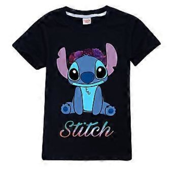 Lilo og Stitch Børnetøj T-shirts Trykte Grafisk Tees Skjorter Rundhals Kortærmet Sommer Top (7-8 År Sort)