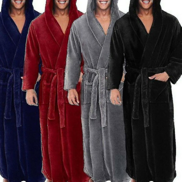 2023-mens Fleece Hooded Long Soft Bathrobe-1 Black M