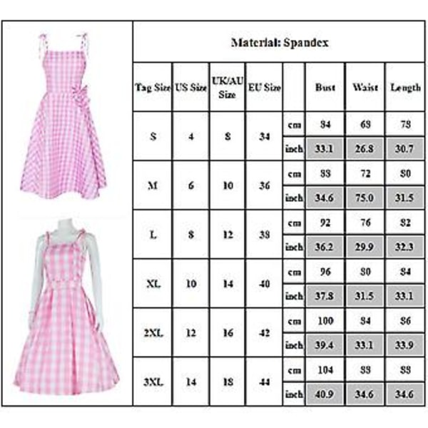 Vuxen Dam 2023 Barbie Film Margot Robbie Cosplay Kostym Rosa Klänning Rutiga Festkläder för Halloween Karneval Party (2XL)