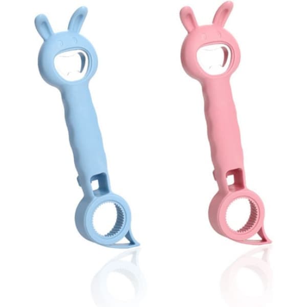 2 kaninformede ølflaskeåbnere (pink, blå), sød dåseåbner