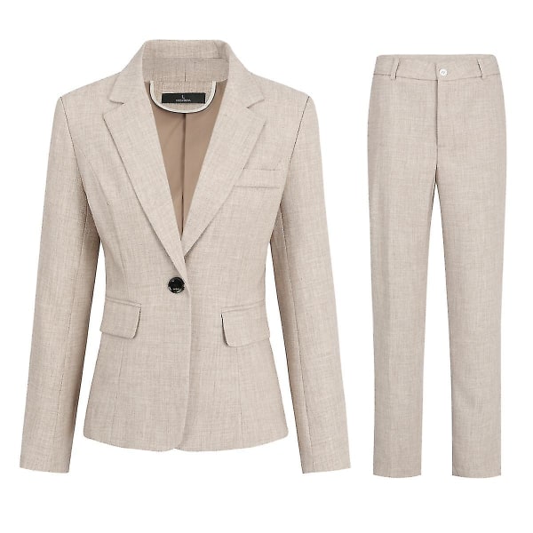 Women's 2 Piece Office Lady Business Suit Set Slim Fit One Button Blazer Pant Set Beige S