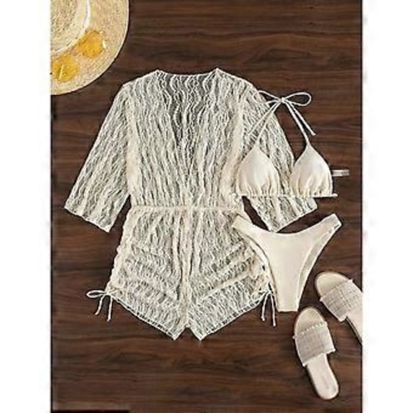 3-delars Dam Badkläder Set BH Hög Skuren Trosor Sommar Badkläder Med Omslag (XL Beige)