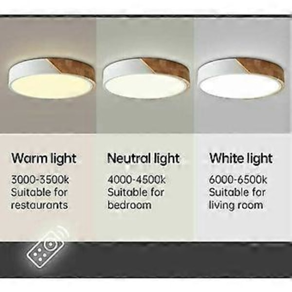 24W LED Plafondlampe i Tre med Fjernkontroll Dimbar Lysstyrke Moderne Tynn Rund Bad Lampe for Hjem Kontor Soverom Stue