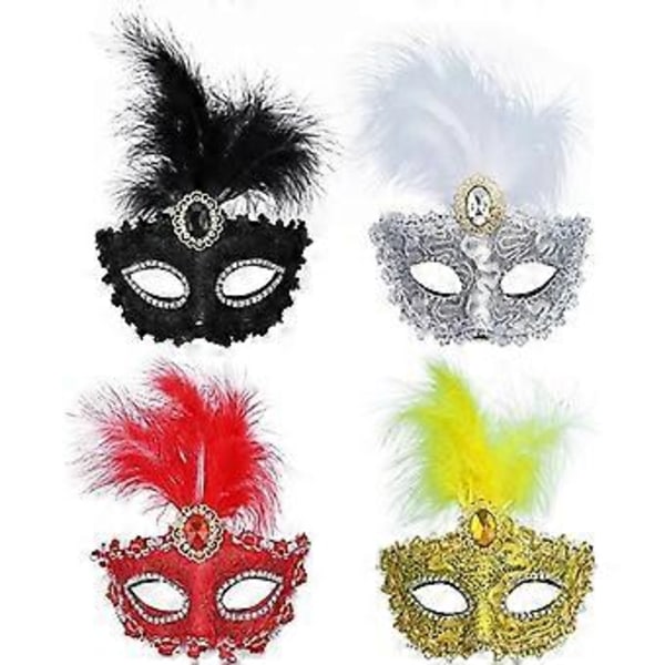 4 stycken Kvinnor Maskeradmasker, Mardi Gras Halvmasker, Fjäder Maskeradmask för Nyår Maskerad Halloween Maskeradbal