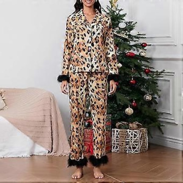 Dam Pyjamas Set med Fjäderkant Långärmad Knappuppslagen Topp Byxor 2-delad Loungeset Satin Pjs Pyjamas Nattkläder (S Leopard)