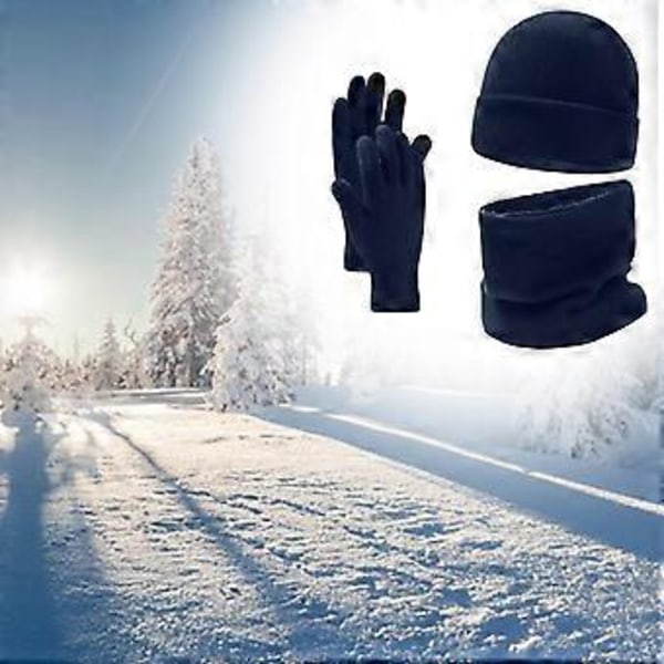 Mössa, Halsvärmare, Pekskärmshandskar 3st/Set Halsduk Stickad Vindtät för Utomhus Kvinnor Män Löpning Vuxna Öronvärmare (Mörkblå)