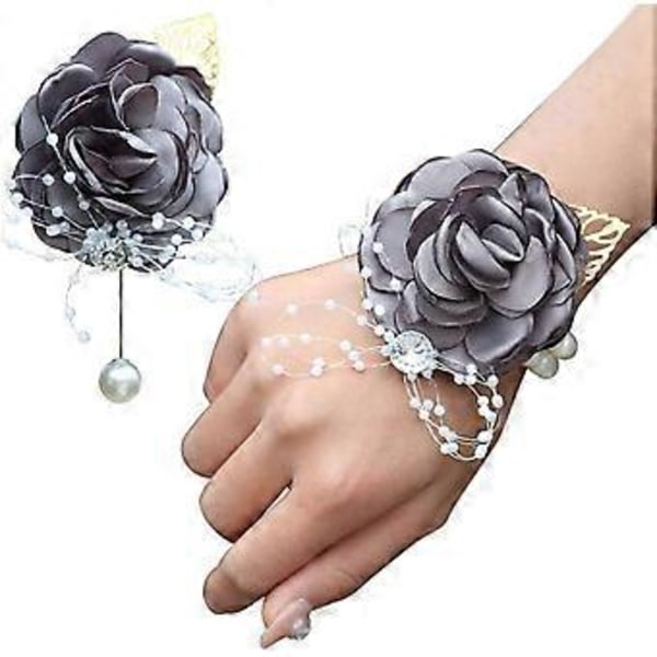 Brudtärna Handledsblomma Corsage Brud Siden Handledsblomma, med Konstgjord Pärla Pärlstav Elastiskt Armband Guldblad, Används för Bröllopsbal Hand F