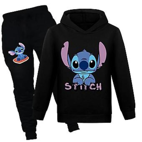 Stitch-trykket treningsdress for barn, gutter, jenter, unisex, hettegenser, hettegenser, joggebukse, casual sett, sportsdress (13-14 år, svart)