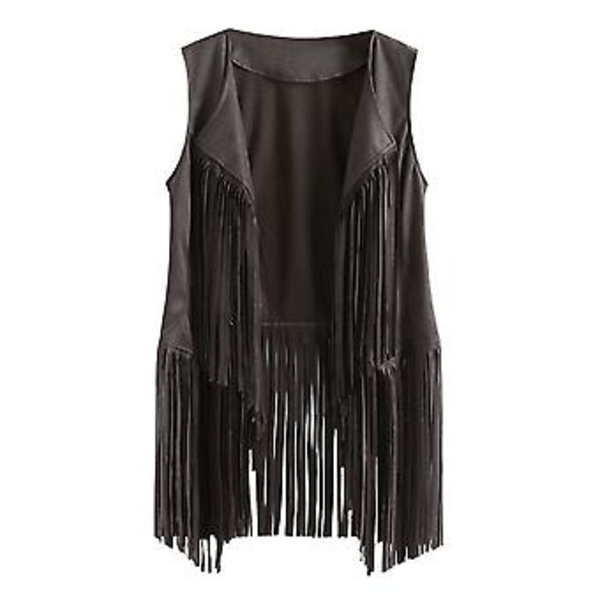 Dame Tassel Ærmeløs Vest 70'erne 1970'erne Vintage Party Hippie Kunstlæder Frynser Jakke Cardigan (S Grå)