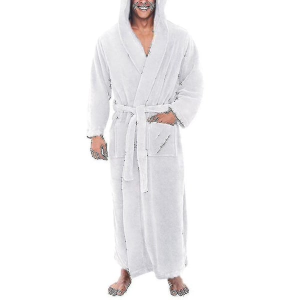 2023-mens Fleece Hooded Long Soft Bathrobe-1 White XL