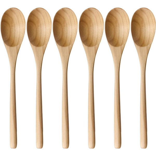 Träskedar för matlagning, 6 stycken japanska naturliga ellipsformade träskedar set för matlagning, blandning, omrörning av honung, te, läsk