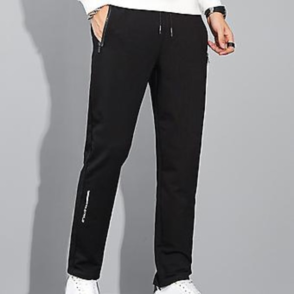 Mænds Vinterbukser Bløde Tykke Elastisk Talje Ensfarvet Løse Straight Snørebukser Lommer Casual Sportsbukser Mænd Efterår Sweatpants(2XL Sort)