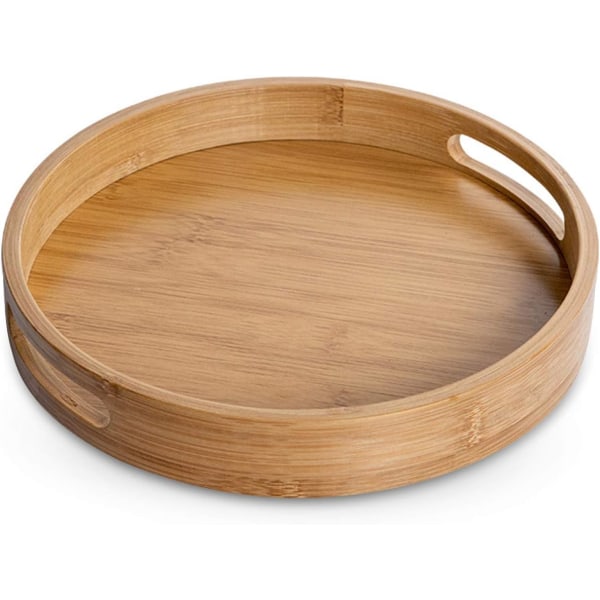 Bambusbrett, serveringsbrett med håndtak, kreativt naturlig bambus rundt brett, perfekt for brød, frukt, kaffe, melk, te og mer (25 x 25 x 4 cm)