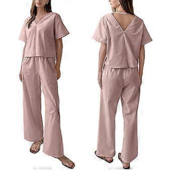 Naisten pyjama- ja housusetti V-kaula-aukkoinen pyjama Puuvillainen selästä avoin pyjama Yöhoususetti (L vaaleanpunainen)