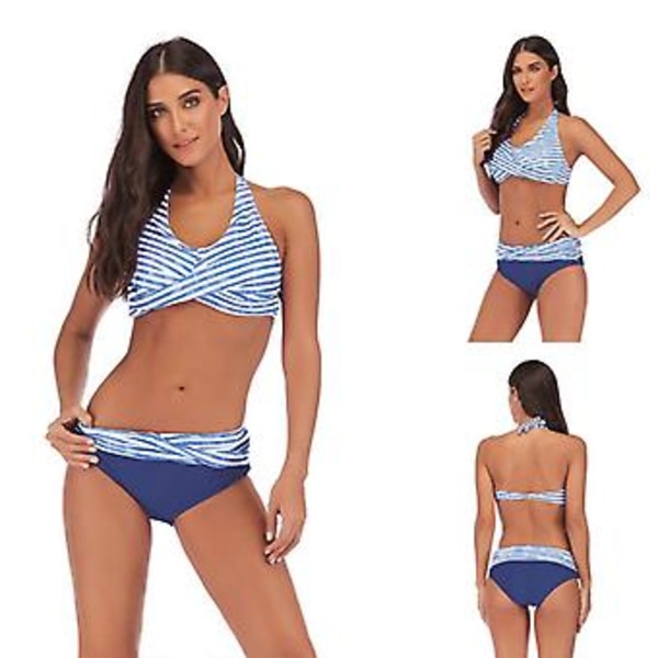 Jentebadedrakt split bikini sexy strand kvinners badetøy 3xl Blå hvit stripe