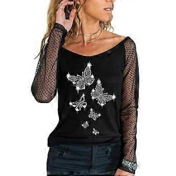 Dam Mesh Långärmad Skjorta Casual Rundhals Sheer Mesh Polka Dot Blusar Toppar (XL färg 06)