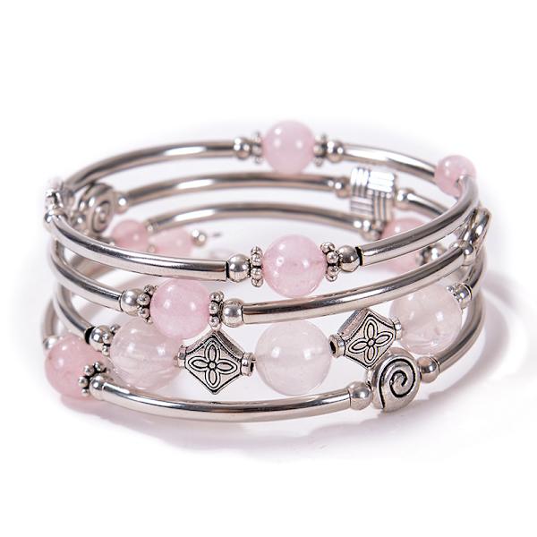 Pink Perle Chakra Armbånd Turkis Armbånd - Fashion Smykker Wrap Armbånd med Tykt Sølv Metal og Mala Perler, Bir
