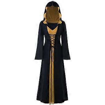 Dame Plus Size Halloween Hætteklædte Snøre Patchwork Langærmet Lang Kjole (S Khaki)