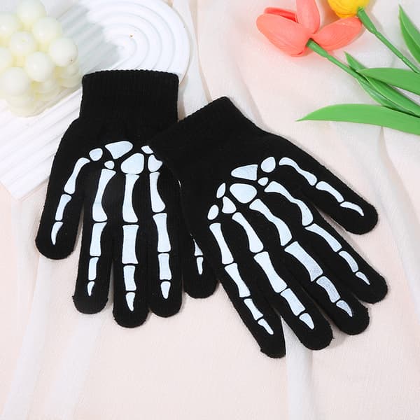Selvlysende strikhandsker med kranie- og knoglemotiv til touchskærm – Halloween-kostume & efterårs-/vintervarme