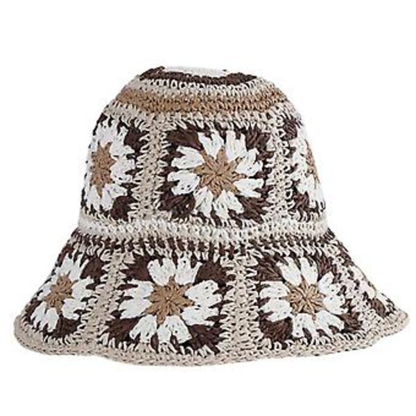 Mode Färgglad Blomma Vävd Solhatt Allmatch Andningsbar Solhatt för Picknick Camping (Kaki)