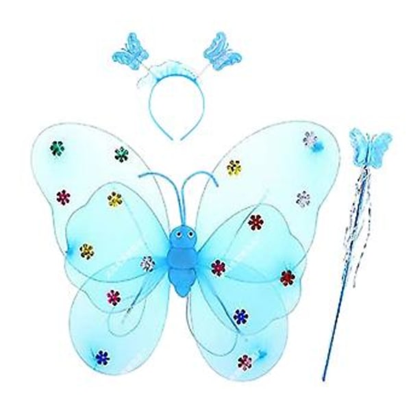 Caraele Butterfly Fairy Wings Jentevinger med tryllestav og lysende pannebånd Fairy Wings Wand og lysende pannebånd Halloween Cosplay -r ( Blå)