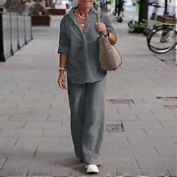 1 Sett Trendy Dame Casual Skjorte Bukser Pluss Størrelse Bomull Lin Topp Vide Ben Løse Antrekk Pendler (XL rosa)