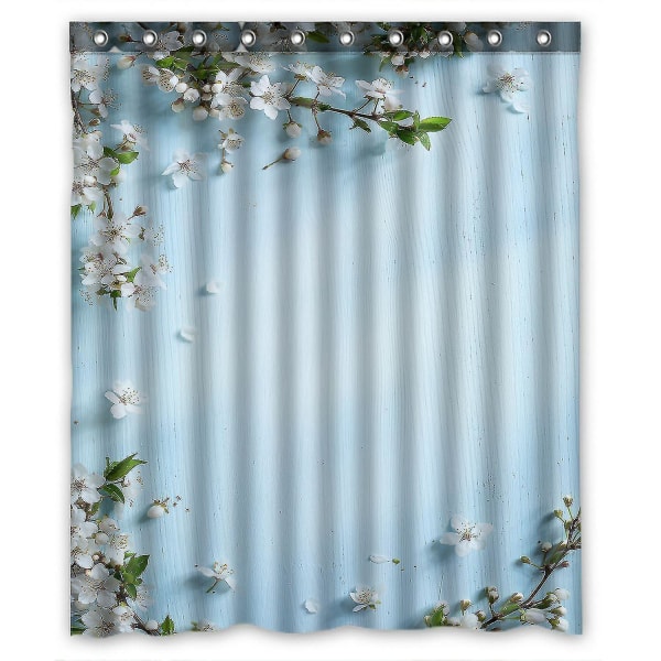 Art Spring Floral Border White Blossom Waterproof Polyester Shower Curtain And Hooks 150x180 Cm
