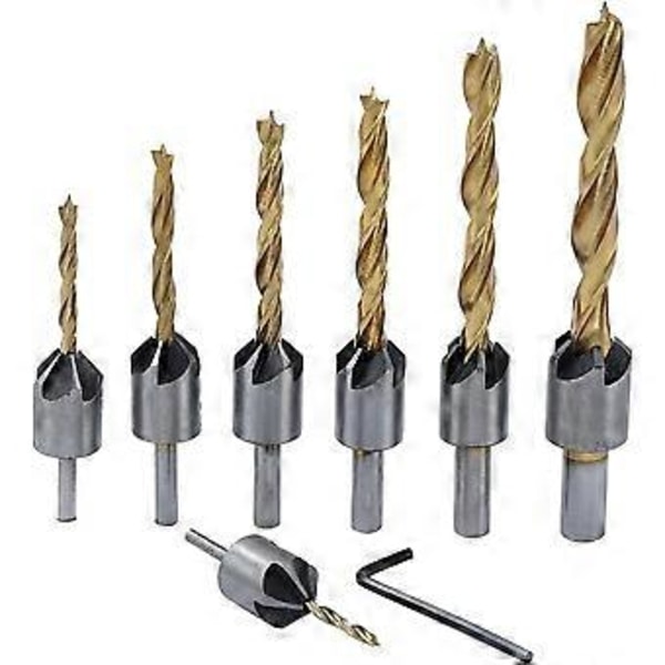 Träborr med försänkare 8 Delar, 3-10mm 5 Flöjts Försänkare Träborrar, Höghastighets Kolstål Tri-Point Borr med L-nyckel för Trä D
