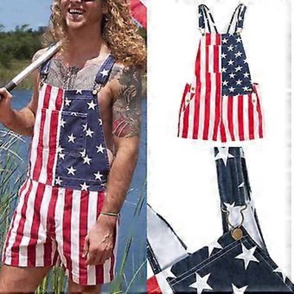 Amerikansk Flag Overalls Denim Bib Shorts Justerbare Remme Jeans Shorts Rompers med Lomme (M Rød)