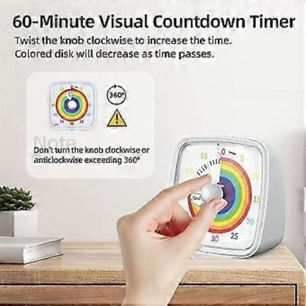 60-minutters visuell timer med nattlys, nedtellingstimer, Pomodoro-timer med regnbue-mønster for barn og voksne Hvit-XinHan [jkw] ( )