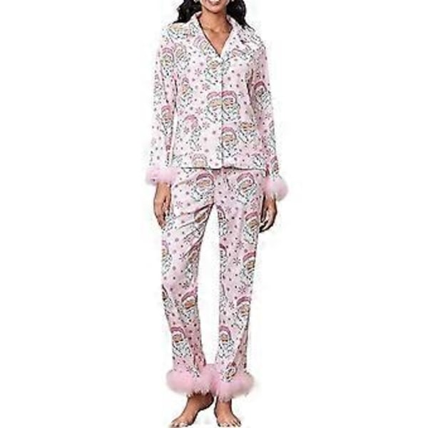 Dame Pyjamassett med Fjærkant, Lang Erme, Knapper, Todelt Loungesett, Satin PJs, Pyjamas, Nattøy (2XL Rosa Julenissen)