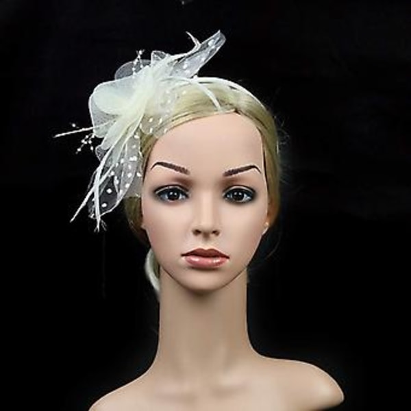 Fascinatorer for kvinner Bryllupsfascinator Hatt Blomst Mesh Fjær Hodebånd QA-Hvit