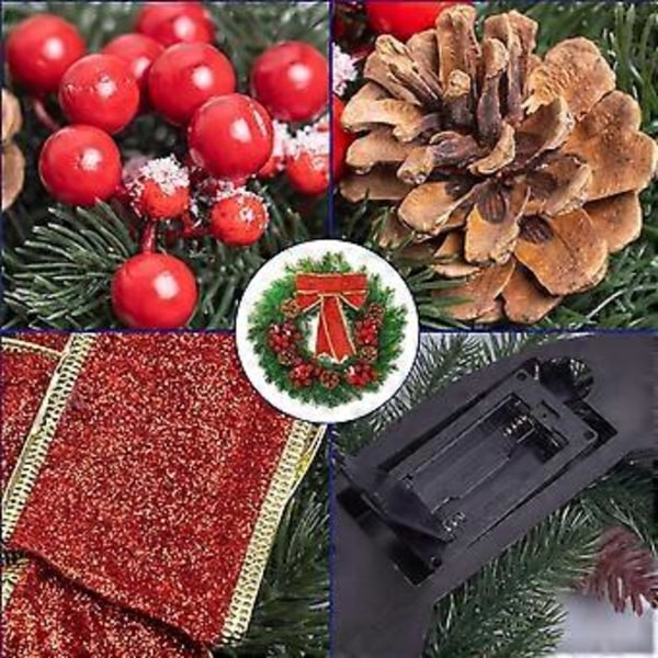 40 LED:n valaistu 40 cm keinotekoinen joulukranssi, mäntykartio-kuusimarja-seppele punaisilla jousiilla, keinotekoiset holly-lehdet, joulukranssi ripustuskoukulla